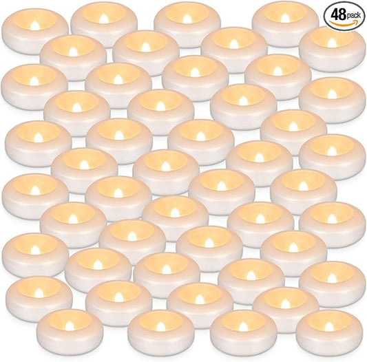 Set of 48 Waterproof Flameless Floating Tealights, 120+ Hour Warm White Battery Flickering LED Tea Lights Candles - Wedding, Party, Centerpiece, Pool & SPA.
