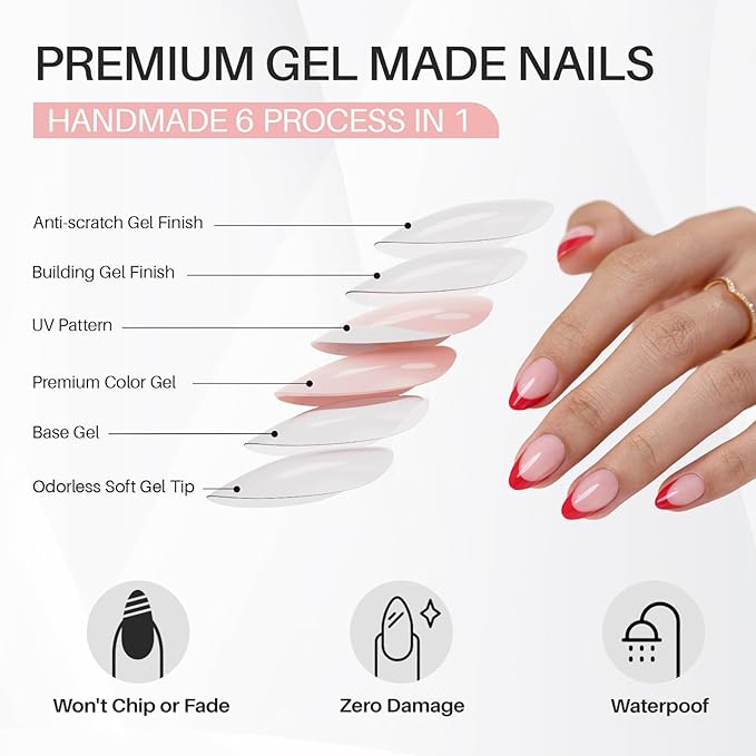 Red French Tip Press on Nails Short - Soft Gel Almond Nails for Women Gift, Fit Perfectly & Natural Glue on Nails with Glue in 16 Sizes - 32 Reusable Fake Nails, Red French