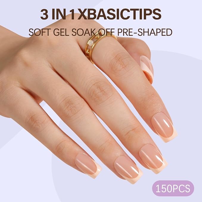 Misssix XBASICTIPS French Tip Press On Nails, 150Pcs French Gel Nail Tips Short Square, Soft Gel Pre-shaped No Need to File 3 in 1 Tips, Fake Nails for Nail Art DIY Extension Designs 15 Sizes