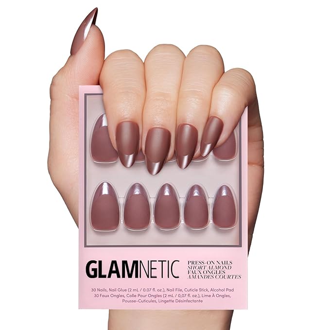 Glamnetic Press On Nails - Terra | Short Almond Dark Brown Nails with Glossy French Tips in a Matte Finish | 15 Sizes - 30 Nail Kit with Glue