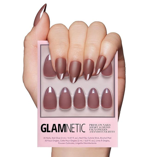 Glamnetic Press On Nails - Terra | Short Almond Dark Brown Nails with Glossy French Tips in a Matte Finish | 15 Sizes - 30 Nail Kit with Glue