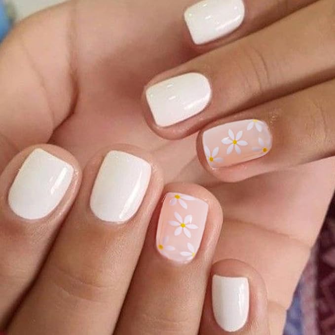 GLAMERMAID White Press on Nail Medium Square, Jelly Nude Soft Gel Nails Square Fake Nail with Flowers Design, Glossy Stick Glue 0n Nail Kit for Women, Reusable Stick on Acrylic Fake Nail Manicure Set