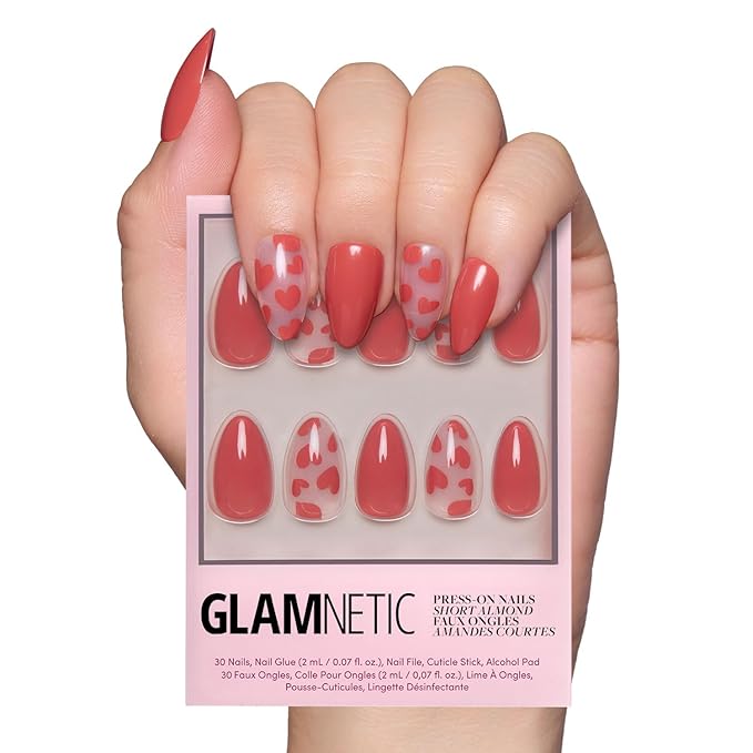 Glamnetic Press On Nails - Love Me | Glossy, Semi-Transparent, Short Almond Red Heart Nails, Salon Quality | 15 Sizes - 30 Nail Kit with Glue
