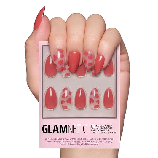 Glamnetic Press On Nails - Love Me | Glossy, Semi-Transparent, Short Almond Red Heart Nails, Salon Quality | 15 Sizes - 30 Nail Kit with Glue