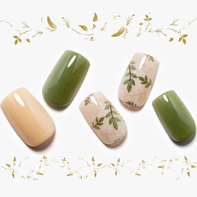 Press on Nails Medium Short Square GLAMERMAID, Amber Green Ferns Fake Nails with Design Cute Acrylic False Nail Kits Stick Glue on Nails Sets for Women Reusable Full Cover Gel Nails 24Pcs