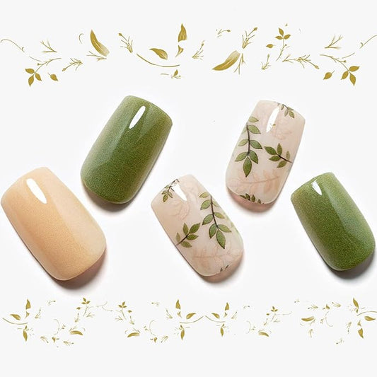Press on Nails Medium Short Square GLAMERMAID, Amber Green Ferns Fake Nails with Design Cute Acrylic False Nail Kits Stick Glue on Nails Sets for Women Reusable Full Cover Gel Nails 24Pcs
