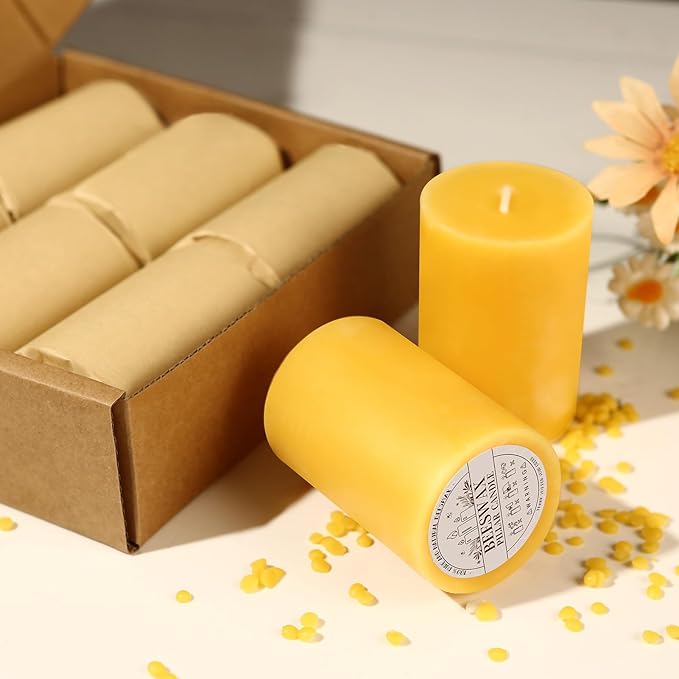 6 Pack Natural Beeswax Pillar Candles,100% Pure Beeswax Candles-192 Hours Long Burning,Unscented Bees Wax Candles for Home,Prayer,Emergency,Dripless Smokeless Organic Pillar Candles Bluk-2x3in