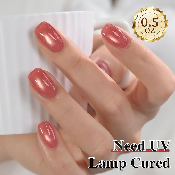 Double Rhythm 0.5 OZ Cat Eye Gel Polish with Magnet 15ML Holographic Glitter Shimmer Translucent Jelly Color Magnetic Nail Polish Salon DIY at Home (Cinnamon Pink-MC1269)