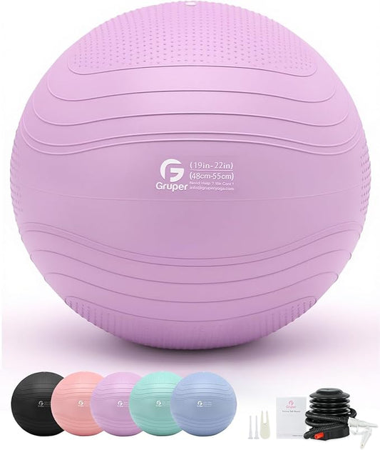 Gruper Yoga Ball, Extra Thick Exercise Ball for Workout Pregnancy Stability - 4 Sizes Anti Burst Balance Ball for Yoga, Pilates, Fitness, Birthing, Physical Therapy - Includes Pump