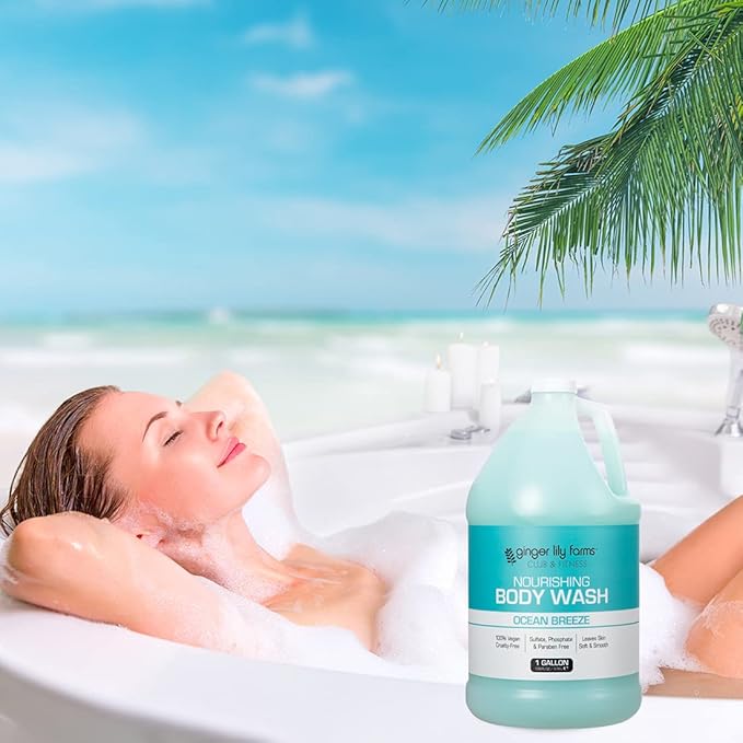 Ginger Lily Farms Club & Fitness Nourishing Body Wash, 100% Vegan & Cruelty-Free, Bath & Shower Gel for Men and Women, Ocean Breeze Scent, 1 Gallon (128 fl. oz.) Refill