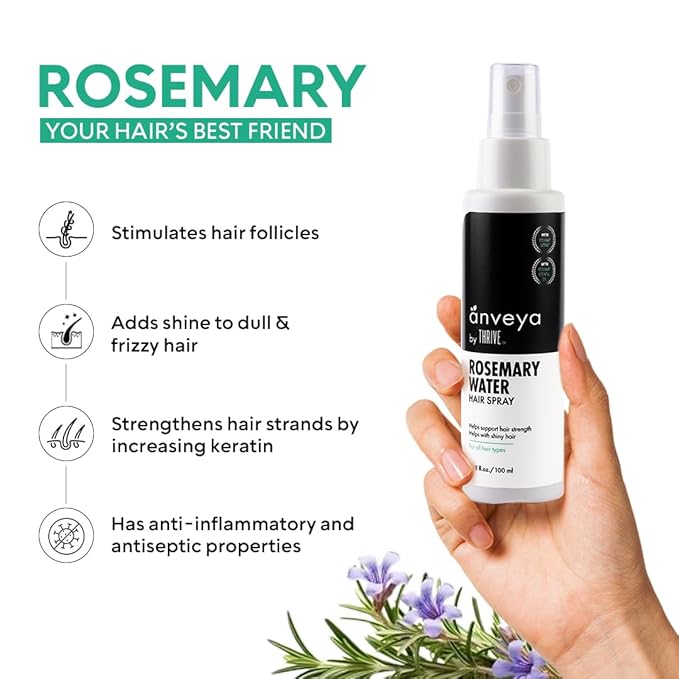 THRIVECO Anveya Rosemary Water Hair Spray | Natural Rose mary Extract, Rice Water & Hyaluronic Acid | Rosemary Water Spray for Hair Growth, Control & Hair Care | Hair Spume to Shine & nourish |100ml