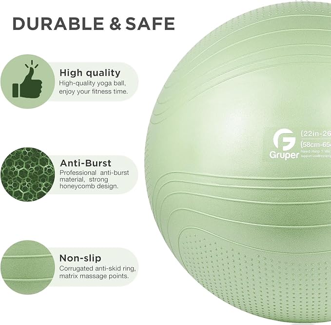 Gruper Yoga Ball, 18-30 Inch Extra Thick Exercise Ball for Workout Fitness Balance, Anti Burst Chair for Home and Office Desk, Includes Hand Pump & Workout Guide Access
