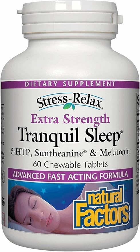 Natural Factors Tranquil Sleep Extra Strength - Calm Sleep Health Supplement - Relaxation Support Supplement with Melatonin & 5-HTP - 60 Chewable Tablets (60 Servings)