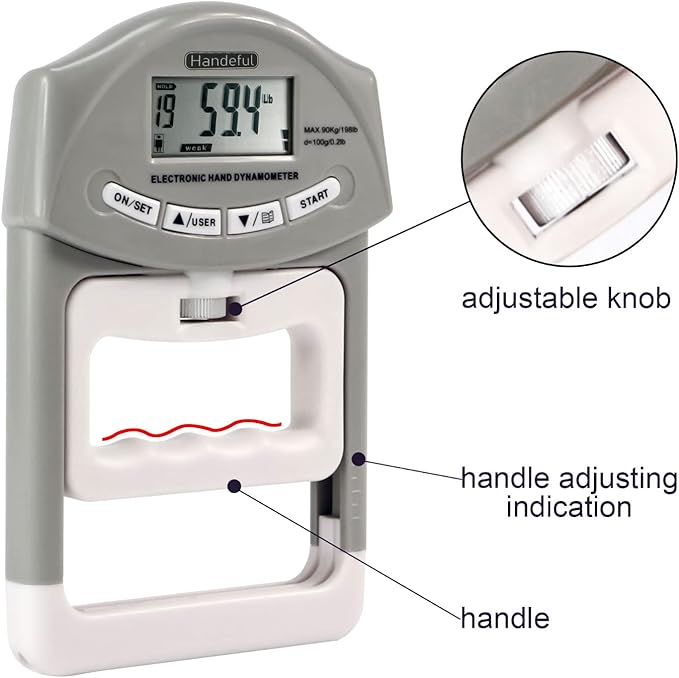 Handeful Grip Strength Tester, Hand Grip Dynamometer (198Lbs / 90Kgs), Electronic Handgrip Testing for Sports Home School Use