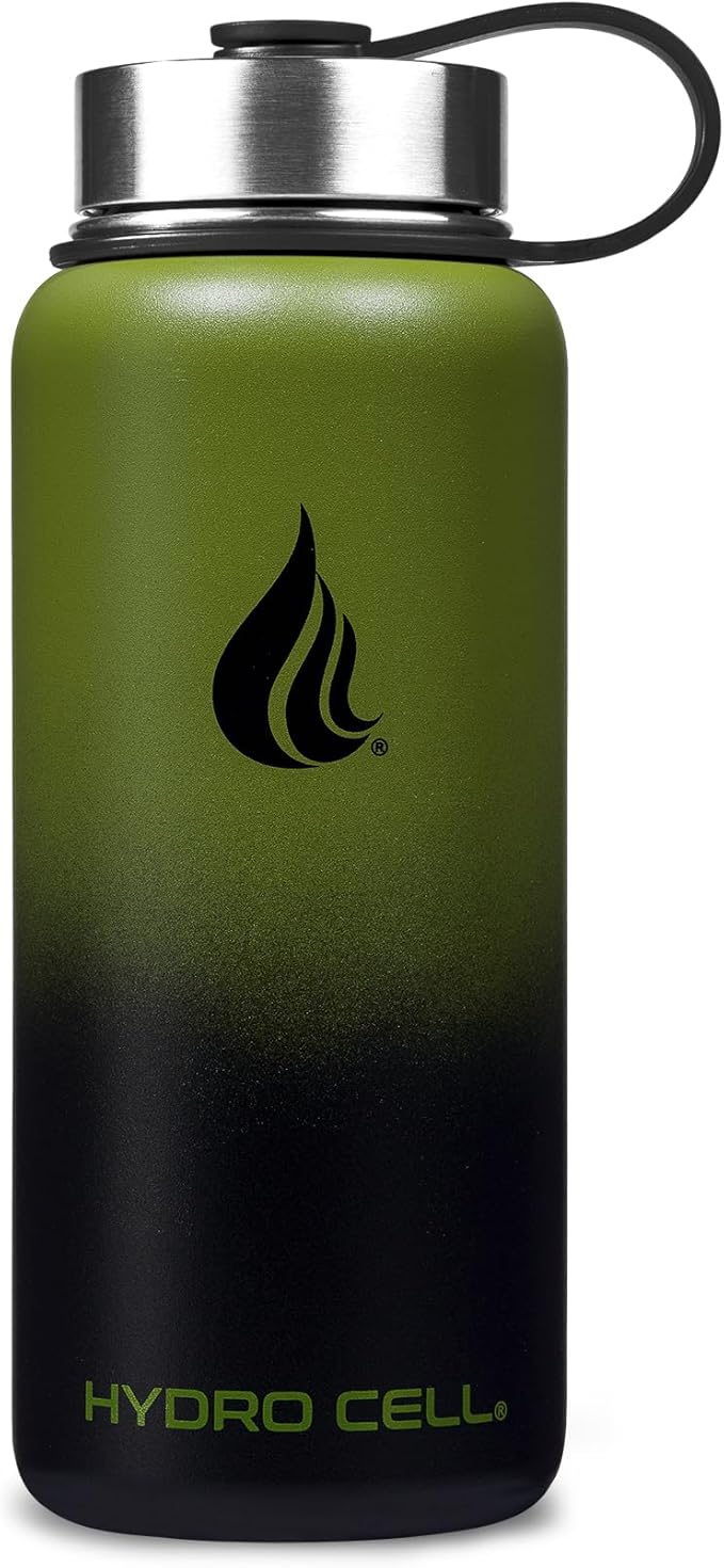 HYDRO CELL Stainless Steel Insulated Water Bottle with Straw - For Cold & Hot Drinks - Metal Vacuum Flask with Screw Cap and Modern Leakproof Sport Thermos for Adults (Army/Black 32oz)