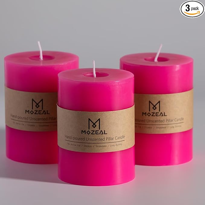 MOZEAL 3" x 4" Hand-Poured Unscented Hot Pink Candle, Dripless Fuchsia Pillar Candle Set of 3, Long Clean Burning, Approx 72 Hours Burn Time, Rustic Country Style, Home Decor