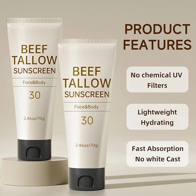 Tallow Sunscreen, Sunscreen for Face, SPF30 Natural Reef Safe Face Body Beef Tallow Sunblock, Non Greasy Clean Travel Sun Screen Sunblock for Outdoor Travel, 7.38 OZ,3 Pack