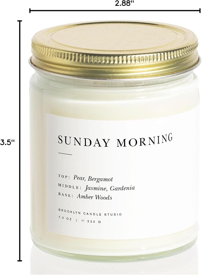 Brooklyn Candle Studio Sunday Morning Jar Candle - Luxury Scented Candle, Vegan Soy Wax, Hand Poured in The USA, 50 Hour Slow Burn Time - 7.5oz