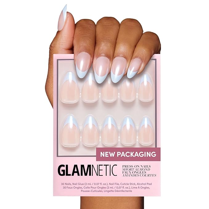Glamnetic Press On Nails - Blueberry Icing | Short Almond Baby Blue French Tip Nails with a Glaze Finish | 15 Sizes - 30 Nail Kit with Glue
