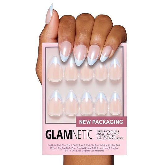 Glamnetic Press On Nails - Blueberry Icing | Short Almond Baby Blue French Tip Nails with a Glaze Finish | 15 Sizes - 30 Nail Kit with Glue