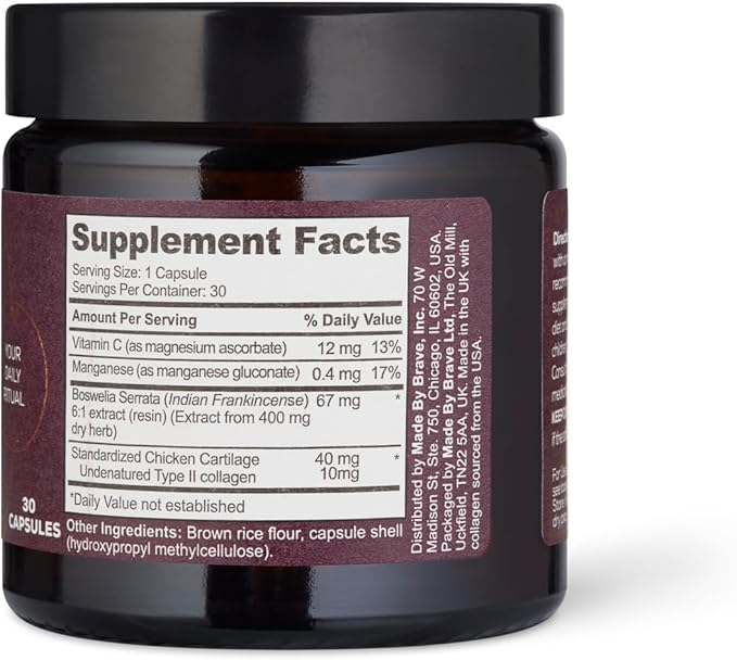 Ancient + Brave Noble Collagen Capsules Type II Collagen with Boswellia Serrata, Vitamin C & Manganese - Gluten-Free, Soy-Free - Joint, Bone & Ligament Support - 30 Capsules/Servings
