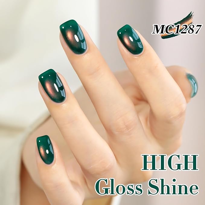 Double Rhythm 0.5 OZ Cat Eye Gel Polish with Magnet 15ML Holographic Glitter Shimmer Translucent Jelly Color Magnetic Nail Polish Salon DIY at Home (Golden Green-MC1287)