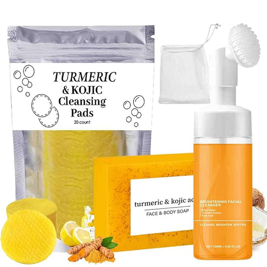 Turmeric Wash And Care 3 Piece Set, Turmeric Trio Facial Wash, Cleansing Mousse, & Soap, Jabon de Curcuma, Deep Cleansing Exfoliating Moisturizing Skin Care Set for Face & Body (3Sets, 3)