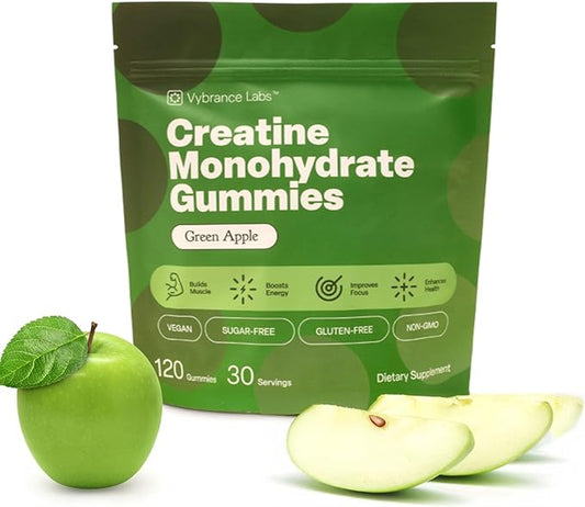 Creatine Gummies 5g Monohydrate + Taurine & B12 - Sugar-Free, Vegan, Gluten-Free - Green Apple - 120 Count (30 Servings) for Strength, Energy & Focus