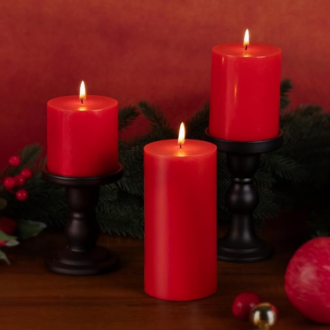 KONNI Red Pillar Candles Set of 3, 3"x 3" Unscented Pillar Candles Bulk, 30 Hours Long Burning Candles, Smokeless and Dripless Large Round Candle for Wedding, Home Decoration, Parties, Spas, Dinner