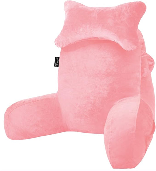 SLIGUY Reading Pillow for Sitting in Bed Couch Adult, Back Pillow with arm Support and Pockets, Adult Back Pillow Bed Chair for Rest, Reading, Watching TV, Gaming for Boys and Girls Pink