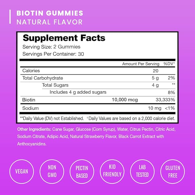 Biotin Gummies 10000mcg [High Potency] for Healthy Hair, Skin & Nails Vitamins for Women, Men & Kids - 5000mcg in Each Hair Vitamins Gummy - Vegan, Non-GMO, Hair Health Supplement