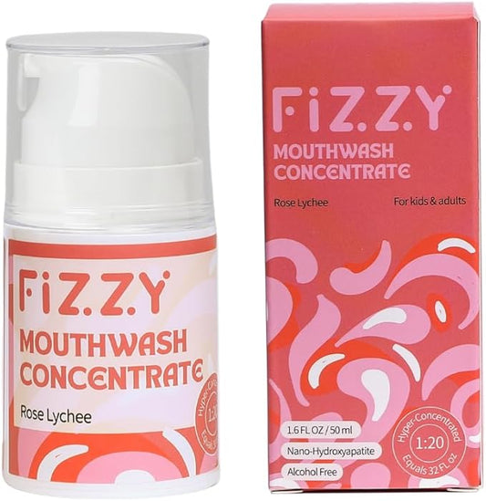 Fizzy Mouthwash Concentrate | Remineralizing Enamel Repair, Nano Hydroxyapatite | 20X Concentrated Travel Size | No Fluoride, Alcohol, Dye | Xylitol, Dry Mouth | Kids & Adults | Rose Lychee