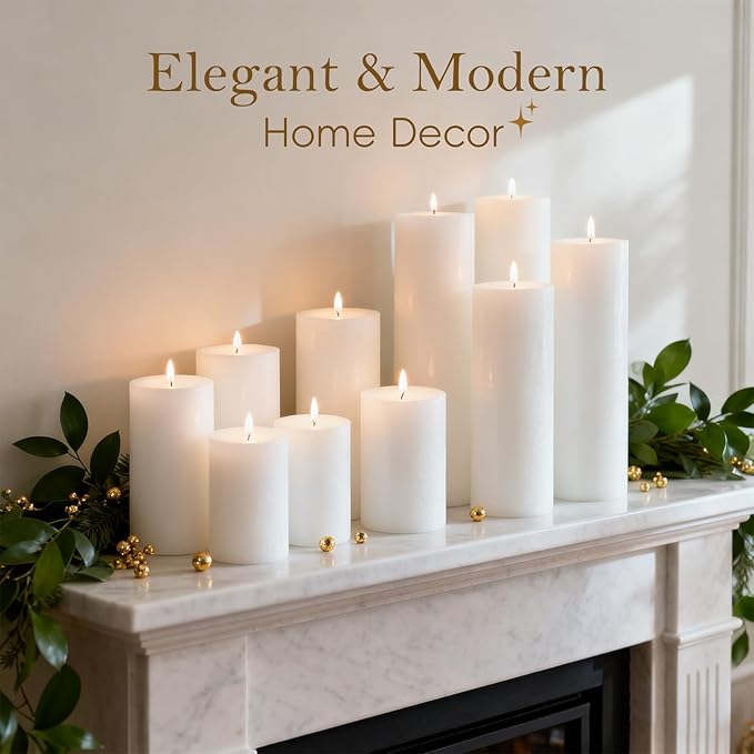 White Pillar Candles Set, 12 Packs, 2.8 in x 4, 6, 8 Inch Assorted Size Unscented Pillar Candles Bulk for Home Decor, Long Burning Candle for Emergency, Holiday Dinner, Dripless & Smokeless