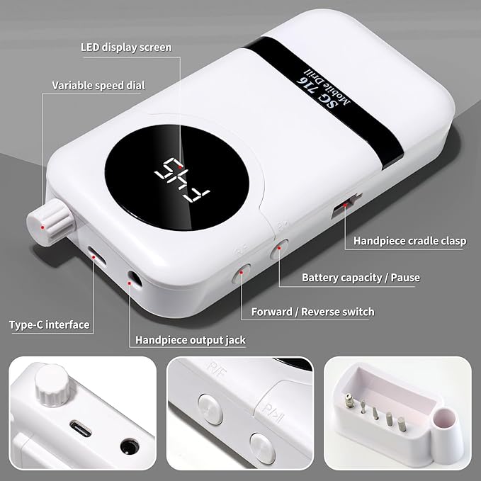 LIMEGIRL Professional Electric Nail Drill Kit 45000RPM Portable Cordless Toenail Cordless Toenail Machine with 14 Drill Bits and Base for Women (White)