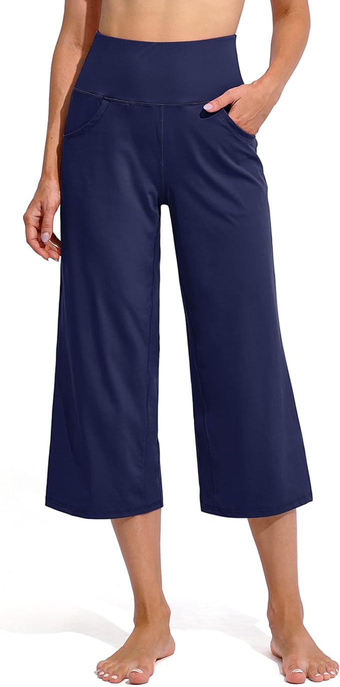 Promover Capri Pants for Women Wide Leg Yoga Cropped Pants with Pockets Loose Casual Summer Pants