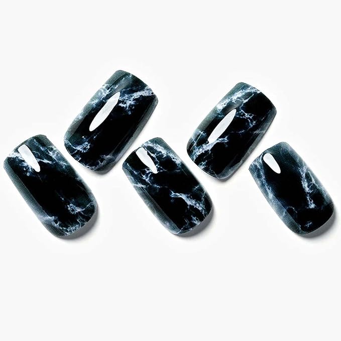 GLAMERMAID Ombre Press on Nails Medium Square, White Marbling in Black Jelly Gel Nails Square Fake Nails, Glossy Stick Glue on Nails Kit for Women, Reusable Stick on Acrylic Fake Nails Manicure Set