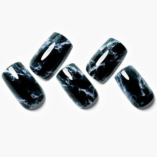 GLAMERMAID Ombre Press on Nails Medium Square, White Marbling in Black Jelly Gel Nails Square Fake Nails, Glossy Stick Glue on Nails Kit for Women, Reusable Stick on Acrylic Fake Nails Manicure Set