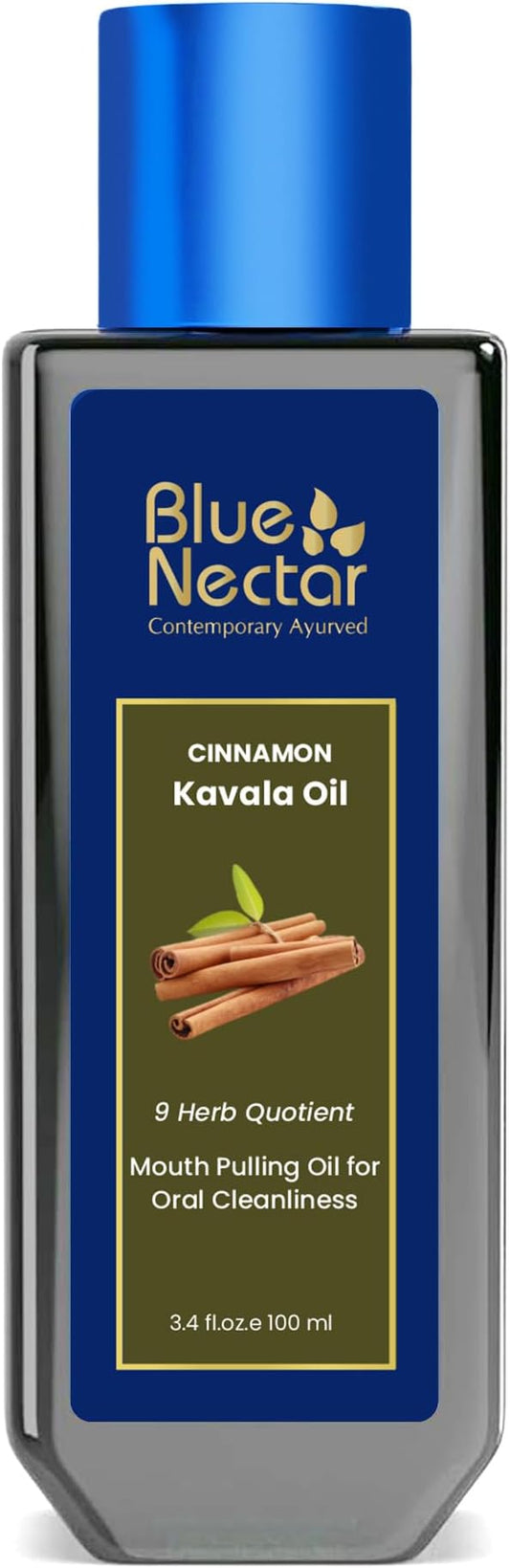 Blue Nectar Cinnamon Mouth Pulling Oil for Kavala Gandusha Oral Hygiene Ritual | Ayurvedic Mouthwash for Fresh Breath,Daily Oral Care & Helps Maintain Fresh Gums (9 Herbs, 3.38 Fl Oz)