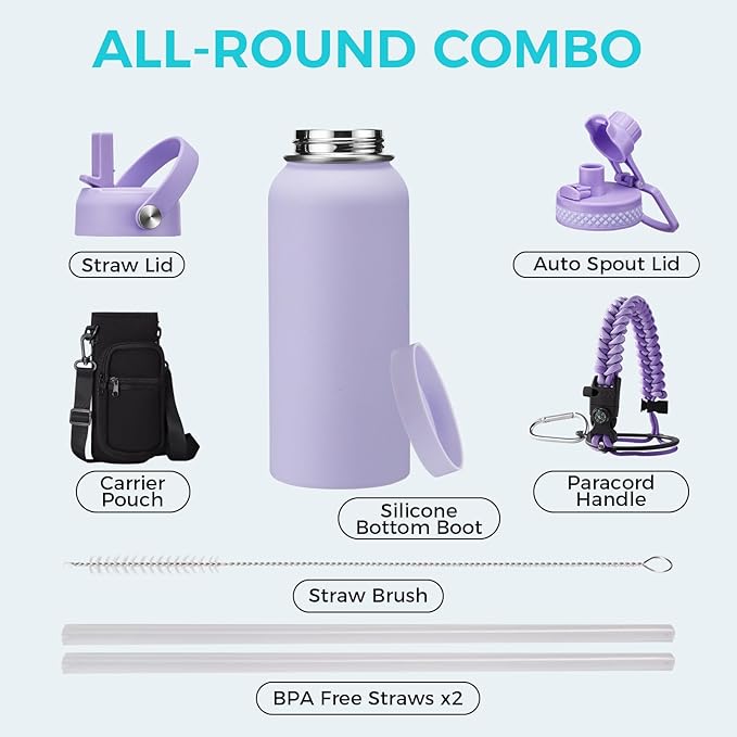 32/40/64 OZ Insulated Water Bottle - with Straw Spout Lid, 32 oz Water Bottles Sleeve, Paracord Handle, Protective Boot, Metal Thermo Stainless Steel Flask Cup for Work Sports Gym Travel