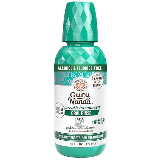 GuruNanda Fresh Breath Mouthwash, ADA-Accepted, Alcohol & Fluoride-Free, Sodium Chlorite, Essential Oils & Vitamins, 12-Hrs Fresh Breath, Wild Mint, 16 oz