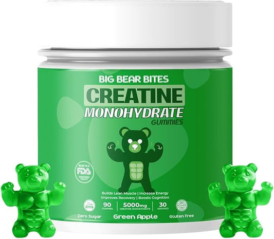 Creatine Monohydrate Gummies for Men & Women | 5000mg of Creatine Gummies per Serving | Sugar, Gluten Free & Halal | Pack of 90 for Pre Workout Support | Green Apple Flavor