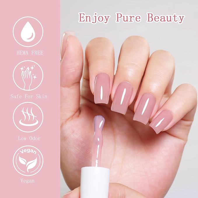 10ml Hema Free Gel Nail Polish Set, 6 Colors Transparent Jelly Gel Polish Kit Rose Garden Sheer Nude Red Pink Brown Gift for Women