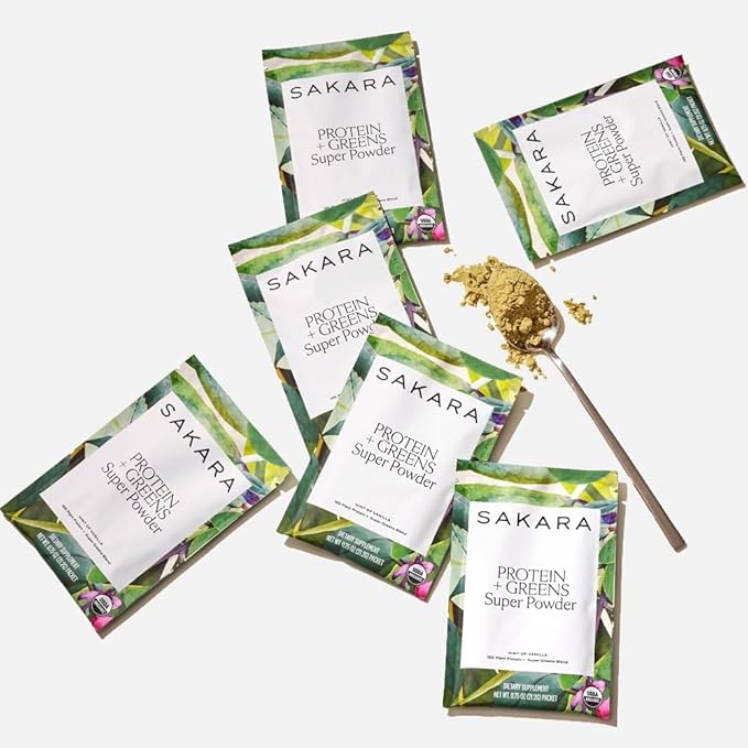 SAKARA Protein + Greens Super Powder – 30 Servings, Organic Plant-Based Blend with Hemp, Pumpkin, Pea Protein, Wheatgrass & Spirulina, Vegan Superfood Drink Mix