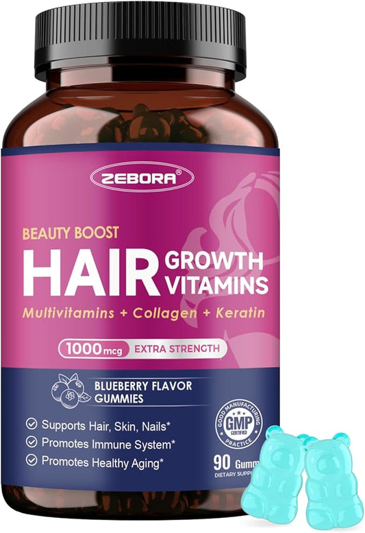 Biotin Gummies for Hair Skin and Nails -Hair Vitamins with Biotin, Zinc, Vitamin A, B6, B12, D3 & More - Support Healthy Skin, Hair Growth, Stronger Nails for Women and Men - 90 Blueberry Gummies