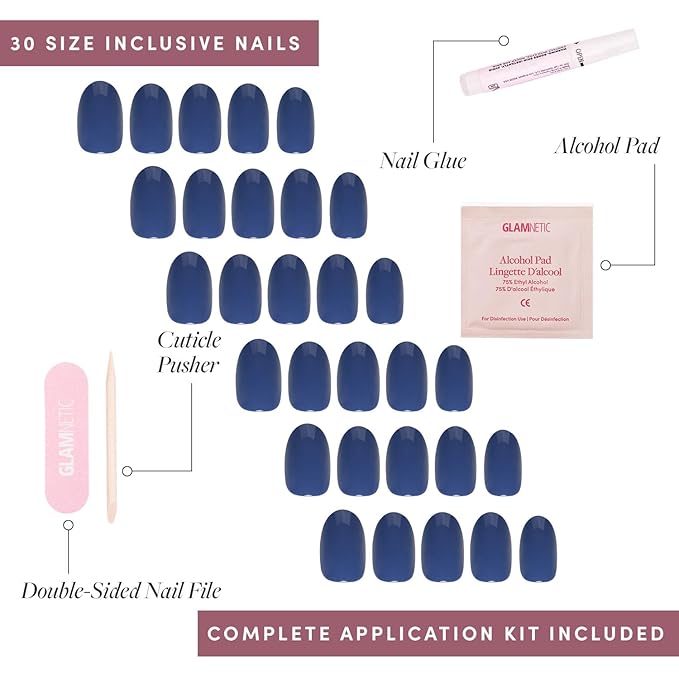 Glamnetic Press On Nails - Regal Blue | Opaque Dark, Moody Blue Short Round Fake Nails, Salon Quality | 12 Sizes - 30 Nail Kit