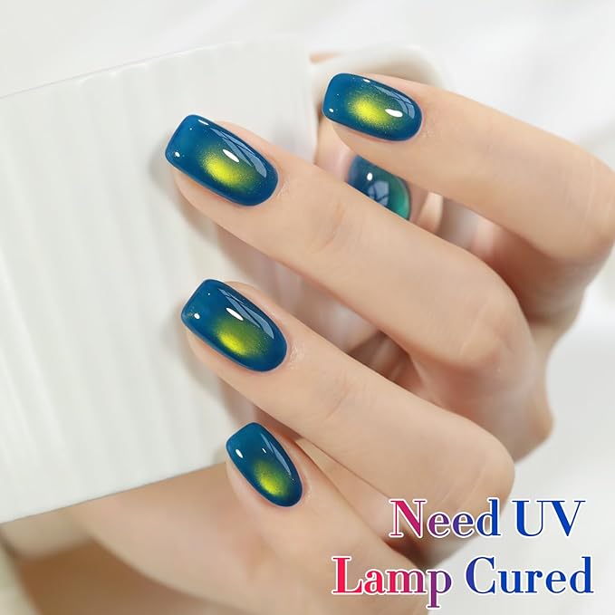 Double Rhythm Jelly Glass Cat Eye Gel Polish with Magnet 15ML Holographic Glitter Shimmer Translucent Sheer Color Magnetic Nail Polish Salon DIY at Home (Golden Blue-MC1255)