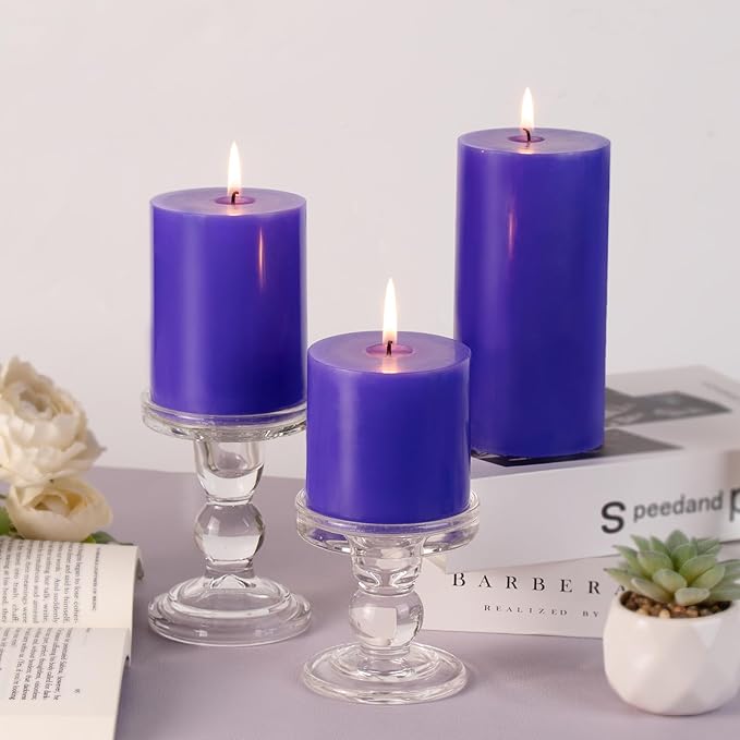KONNI Violet Pillar Candles Set of 3, 3"x 6" Unscented Pillar Candles Bulk, 56 Hours Long Burning Candles, Smokeless and Dripless Large Round Candle for Wedding, Home Decoration, Parties, Spas, Dinner