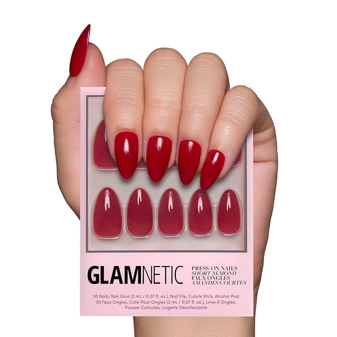 Glamnetic Press On Nails - Classic Red | Opaque Cool Tone, Timeless Red Short Almond Fake Nails, Salon Quality | 15 Sizes - 30 Nail Kit
