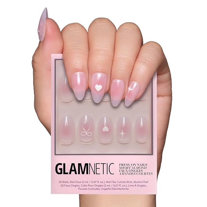 Glamnetic Press On Nails - Lovers Knot | Glossy, Semi-Transparent, Short Almond Nails, Salon Quality | 15 Sizes - 30 Nail Kit with Glue