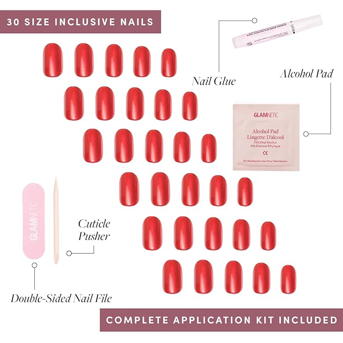 Glamnetic Press On Nails - Cherry Glaze | Short Round Bright Cherry Red Nails with a Glaze Finish | 15 Sizes - 30 Nail Kit with Glue